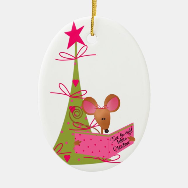 Christmas Tree and Reading Mouse Ceramic Tree Decoration (Front)