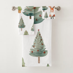 Christmas Tree and Santa Claus in Watercolors Bath Towel Set