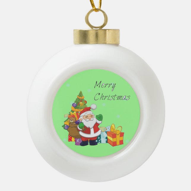 Christmas tree and Santa Merry Christmas green Ceramic Ball Christmas Ornament (Front)
