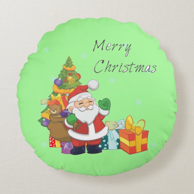 Christmas tree and Santa Merry Christmas green Round Cushion (Front)