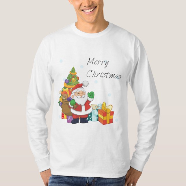 Christmas tree and Santa Merry Christmas white T-Shirt (Front)