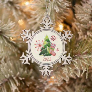 Christmas Tree and Stocking Whimsey Snowflake Pewter Christmas Ornament