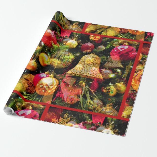 Christmas Tree Art Red Border Charming Cheerful Wrapping Paper (Unrolled)