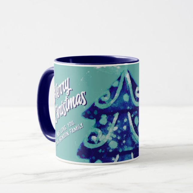 Christmas Tree Artistic Blue Merry Script Family Mug (Front Left)