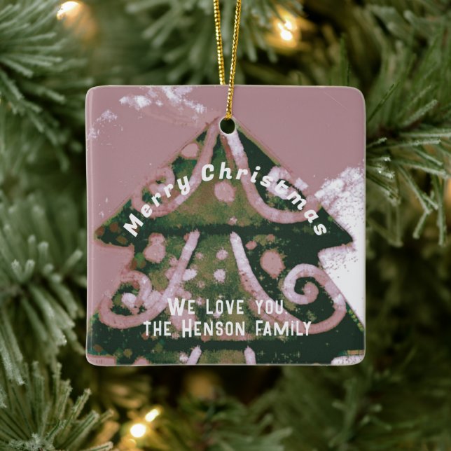 Christmas Tree Artistic Green Pink Family Ceramic Ornament (Tree)