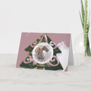 Christmas Tree Artistic Green Pink Family Photo Holiday Card