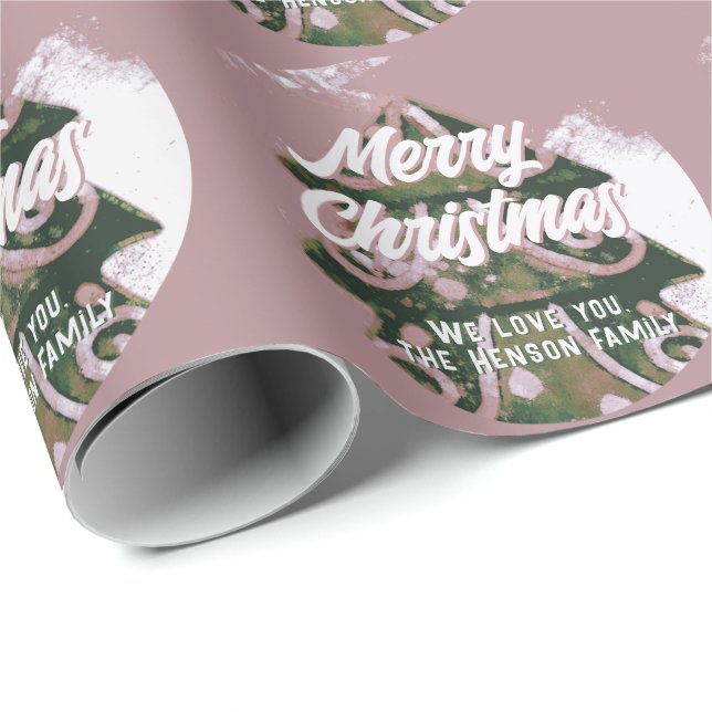 Christmas Tree Artistic Green Pink Merry Script  Wrapping Paper (Roll Corner)