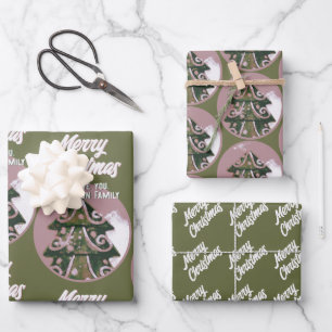 Christmas Tree Artistic Green Pink Merry Script Wrapping Paper Sheet