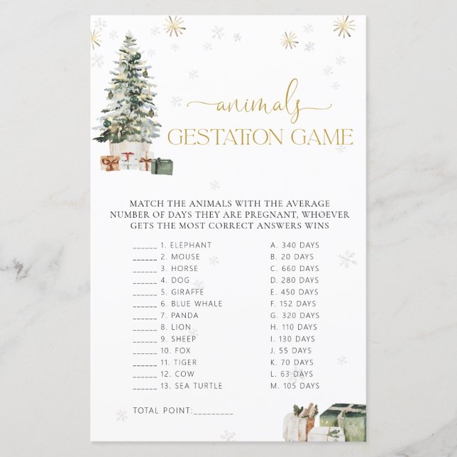 Christmas Tree Baby Shower Animals Gestation Game (Front)