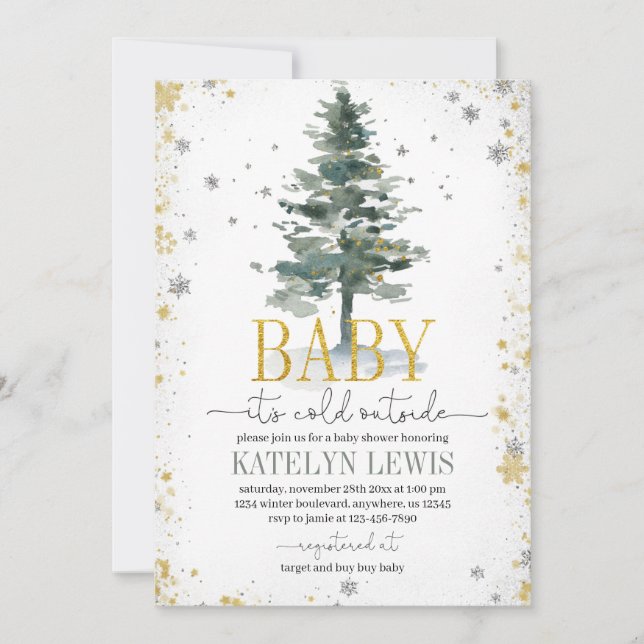 Christmas Tree Baby Shower Invitation Silver Gold (Front)