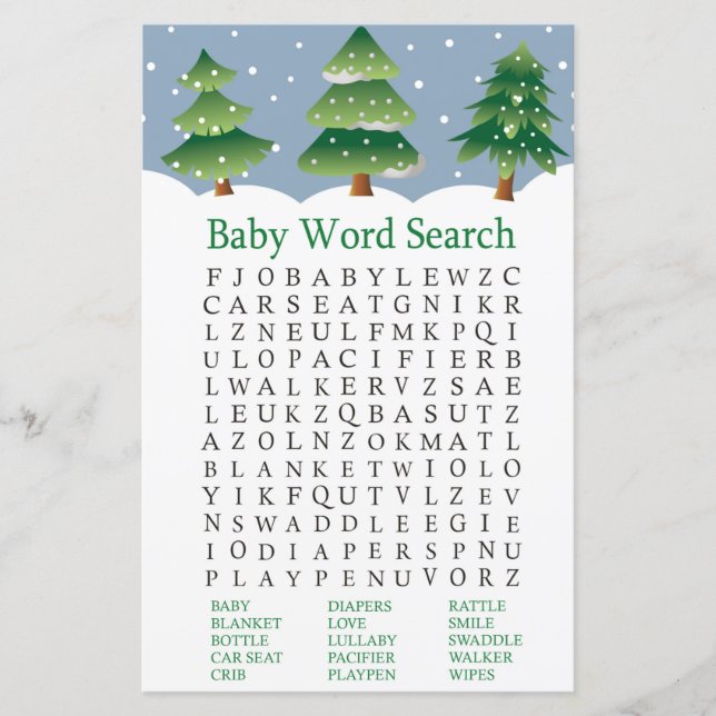 Christmas tree Baby Shower Word Search Game (Front)