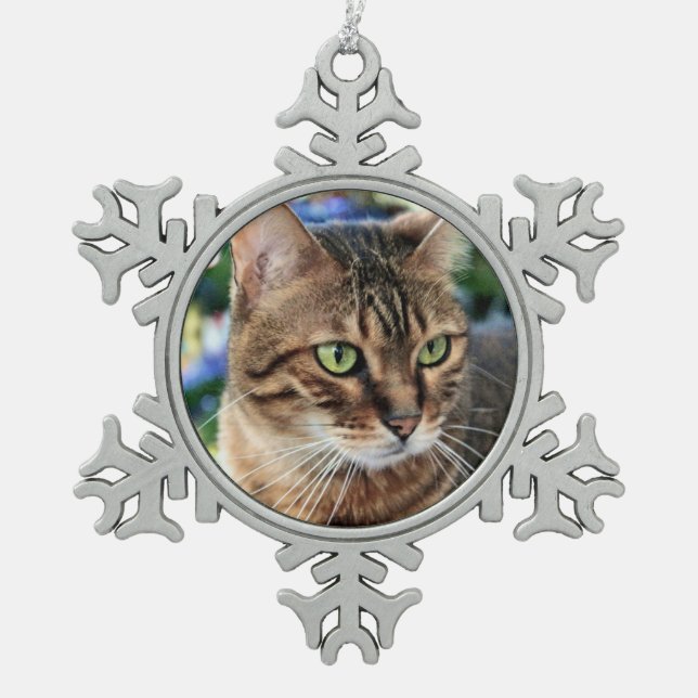 Christmas Tree Background Bengal Cat Snowflake Snowflake Pewter Christmas Ornament (Front)