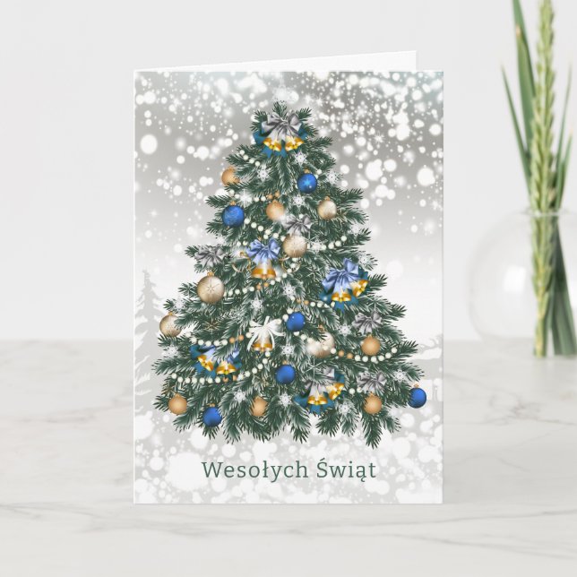 Christmas Tree Baubles Polish Holiday Card (Front)