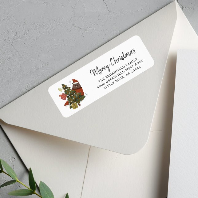 Christmas Tree Bear Modern Script Return Address (Christmas We Have Moved Moving Announcement Return Address Label)