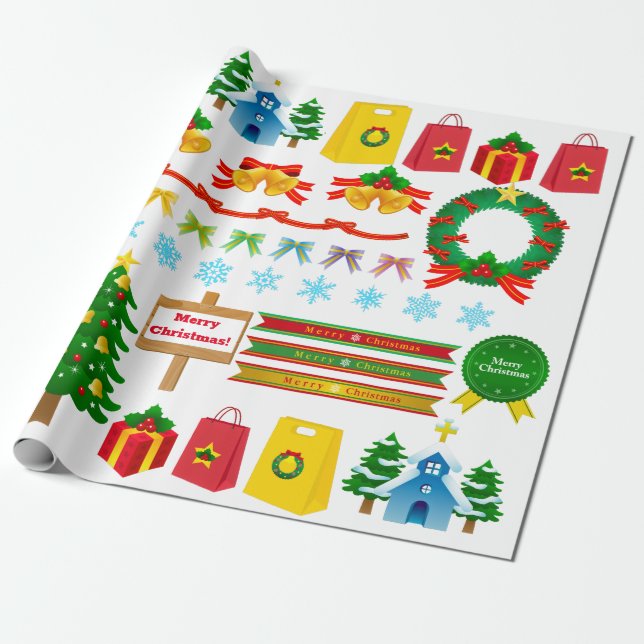 Christmas Tree Bell Advent Wreath Snowman Wrapping Paper (Unrolled)