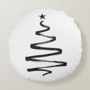 Christmas Tree Black and White Round Cushion
