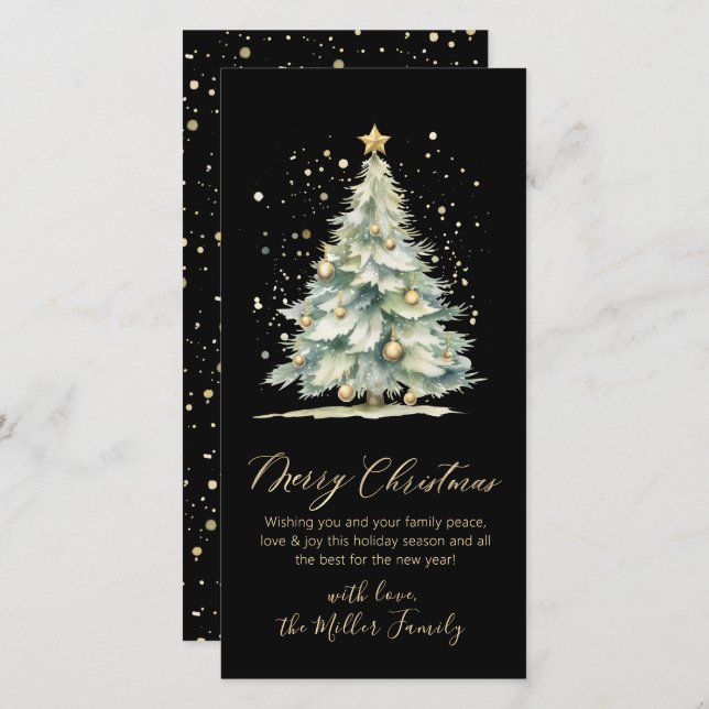 Christmas Tree Black Gold Script Non Photo Holiday Card (Front/Back)