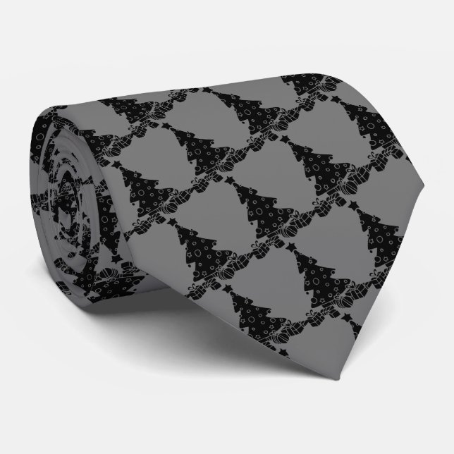  Christmas  Tree Black Grey Tie (Rolled)