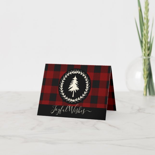 Christmas Tree Black Red Plaid Joyful Wishes Holid Holiday Card (Front)