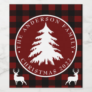 Christmas Tree Black & Red Plaid Personalised Wine Label
