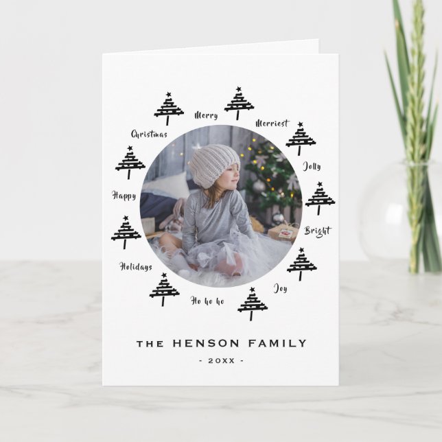 Christmas Tree Black & White Merry Family Photo Holiday Card (Front)