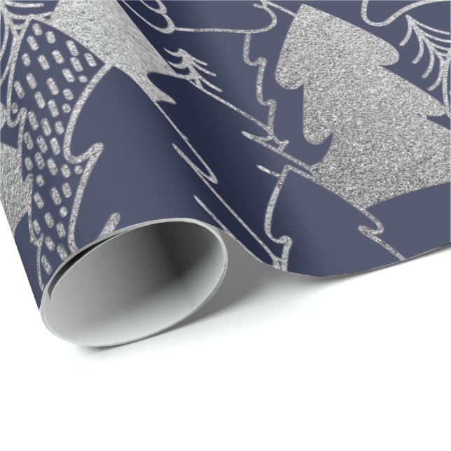 Christmas Tree Blue Navy Silver Grey Glitter Wood Wrapping Paper (Roll Corner)