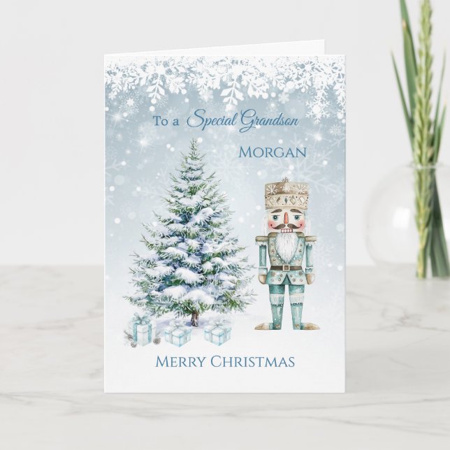 Christmas Tree Blue Nutcracker Snowflakes  Card (Front)