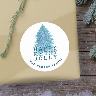 Christmas Tree Blue Watercolor Holiday  Classic Round Sticker
