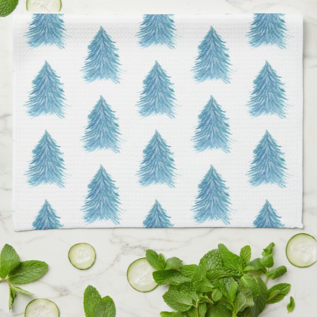 Christmas Tree Blue Watercolor Pattern Holiday  Tea Towel (Folded)