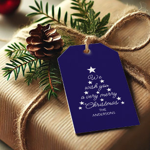 Christmas Tree Blue White Stars & Name Typography  Gift Tags
