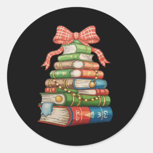 Christmas Tree Books Bow Reading Librarian Teacher Classic Round Sticker
