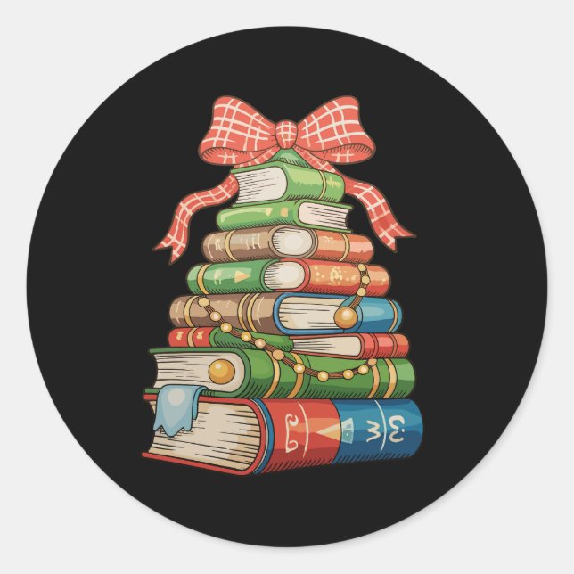 Christmas Tree Books Bow Reading Librarian Teacher Classic Round Sticker (Front)