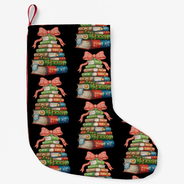 Christmas Tree Books Bow Reading Librarian Teacher Small Christmas Stocking (Front)