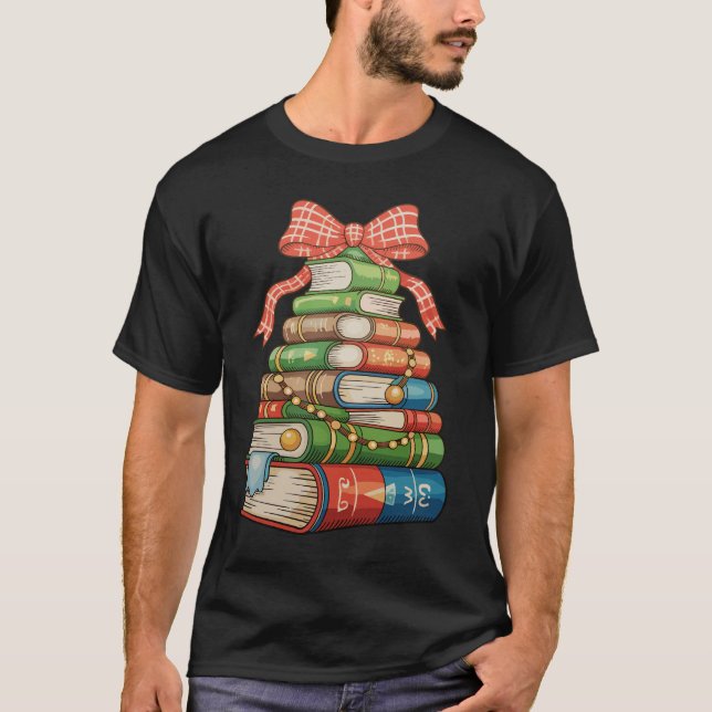 Christmas Tree Books Bow Reading Librarian Teacher T-Shirt (Front)