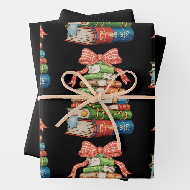Christmas Tree Books Bow Reading Librarian Teacher Wrapping Paper Sheet (In situ)