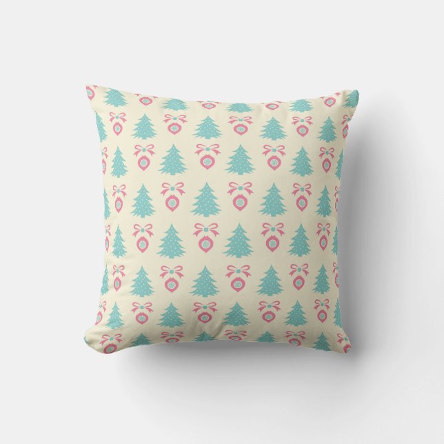 Christmas Tree, Bow & Bauble Pattern Pastel Colour Cushion (Front)
