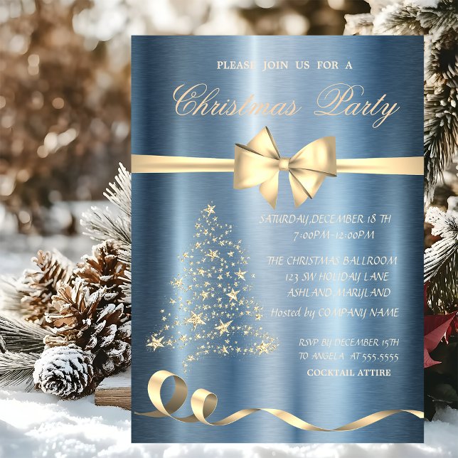 Christmas Tree,Bow Blue Metallic Christmas Party  Invitation (Creator Uploaded)