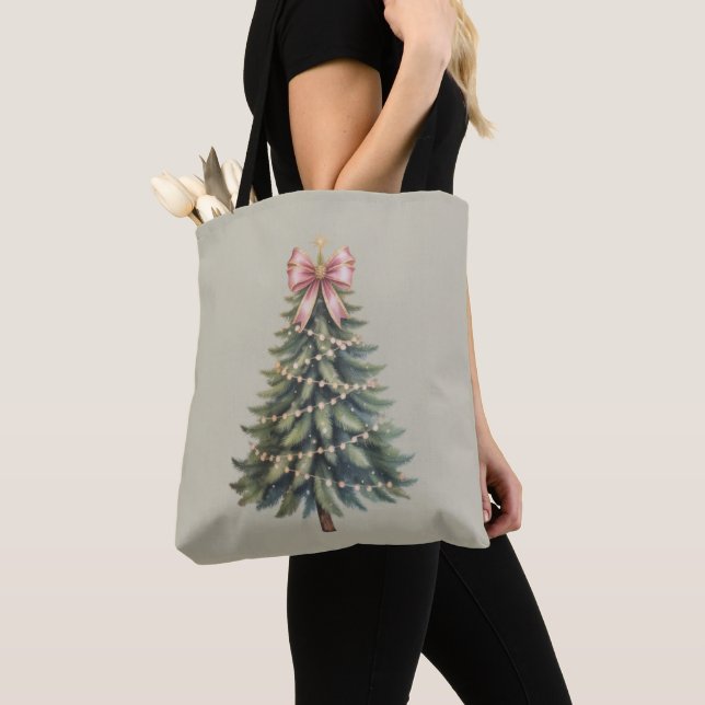 Christmas Tree Bow Coquette Xmas Tote Bag (Close Up)