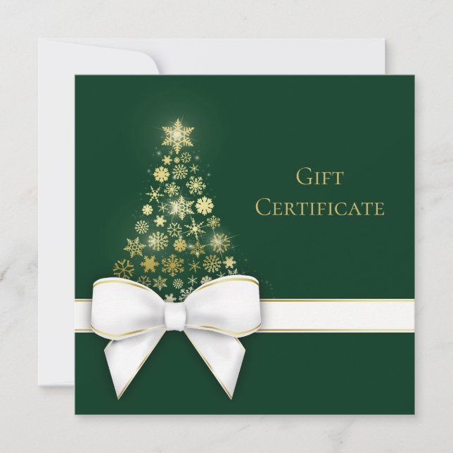 Christmas Tree Bow Gold Snowflakes Green Gift Card (Front)