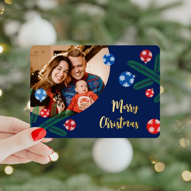 Christmas tree branch with snowflake decorations (Christmas tree branch foil card with your photo and text)