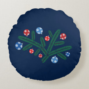 Christmas tree branch with snowflake decorations round cushion