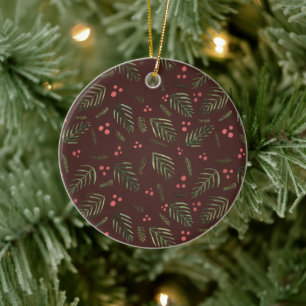 Christmas tree branches and berries - brown&green ceramic tree decoration