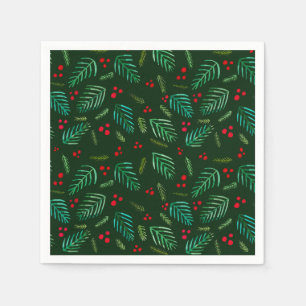 Christmas tree branches and berries - dark green napkin