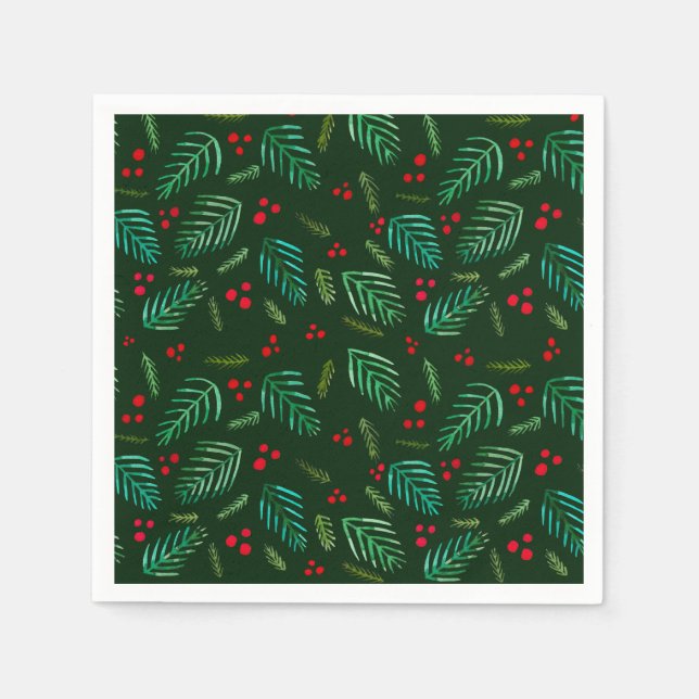 Christmas tree branches and berries - dark green napkin (Front)