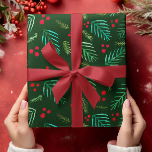 Christmas tree branches and berries - dark green wrapping paper sheet