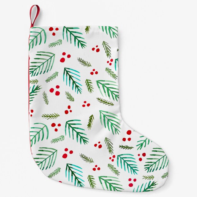 Christmas tree branches and berries - red & green small christmas stocking (Front)