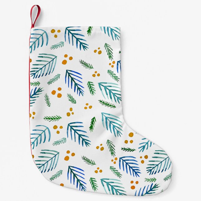 Christmas tree branches and berries - turquoise small christmas stocking (Front)