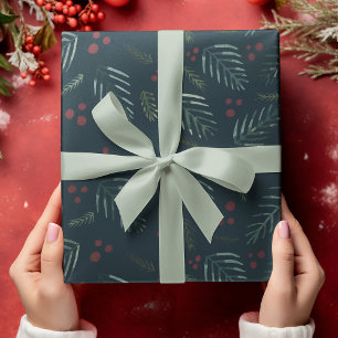 Christmas tree branches and berries - vintage teal wrapping paper sheet