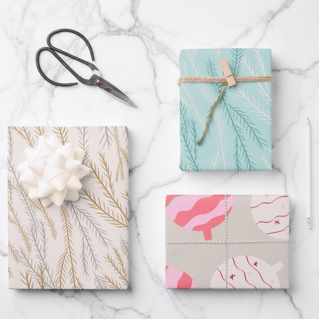 Christmas Tree Branches and Ornaments Pattern Wrapping Paper Sheet (Front)