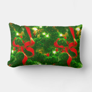 Christmas Tree Branches and Red Ribbons Lumbar Cushion